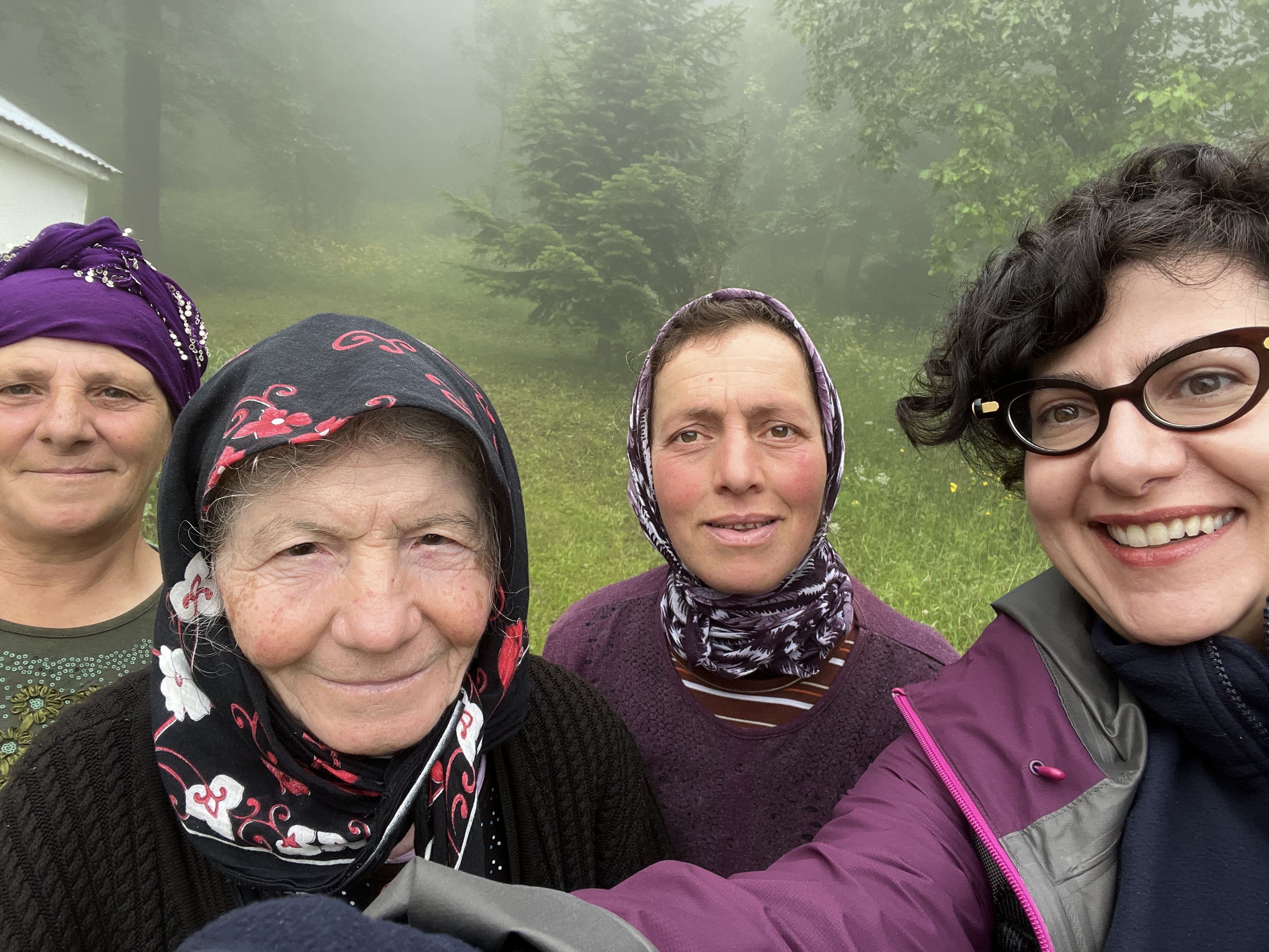Professor Ioanna Sitaridou stands to the right of a 100 years-old Romeyka speaker in Turkey's Trabzon region.