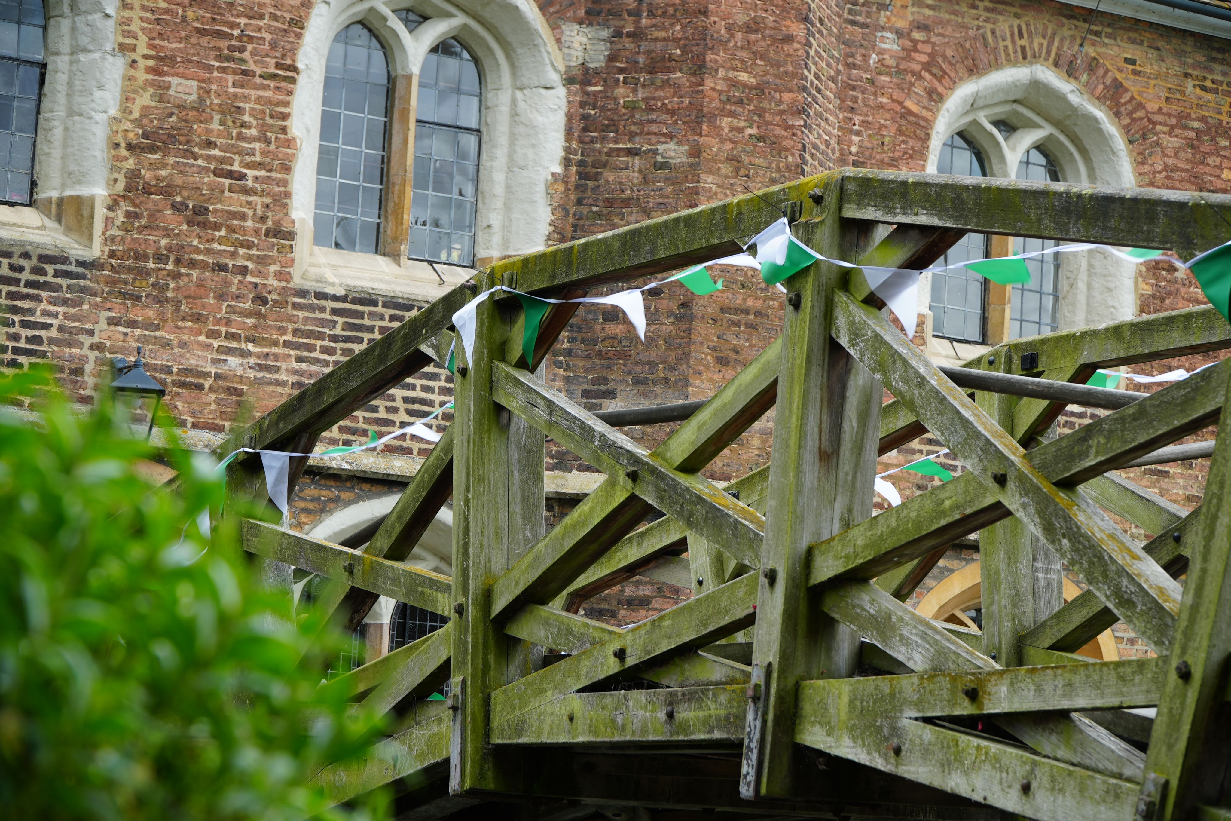 Mathematical Bridge with green and white bunting