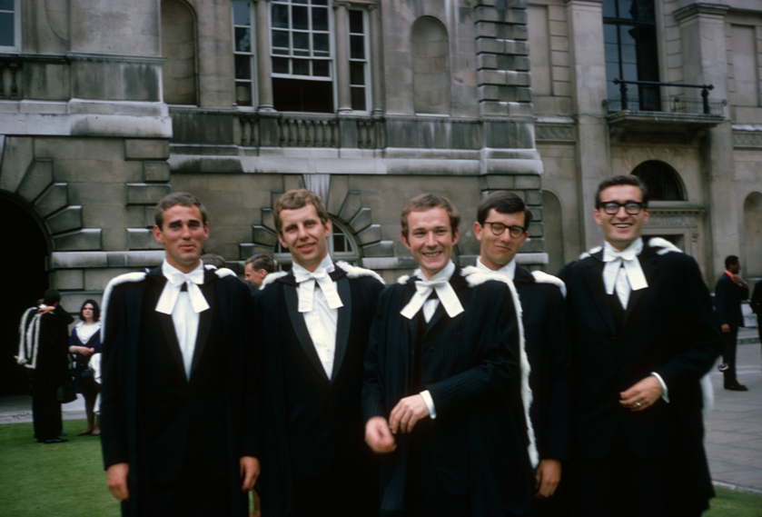 Graduation Day, June 1967. L-R - David Thorp, Mike James, Nick Darlington, Oliver Kinsey, John Eatwell