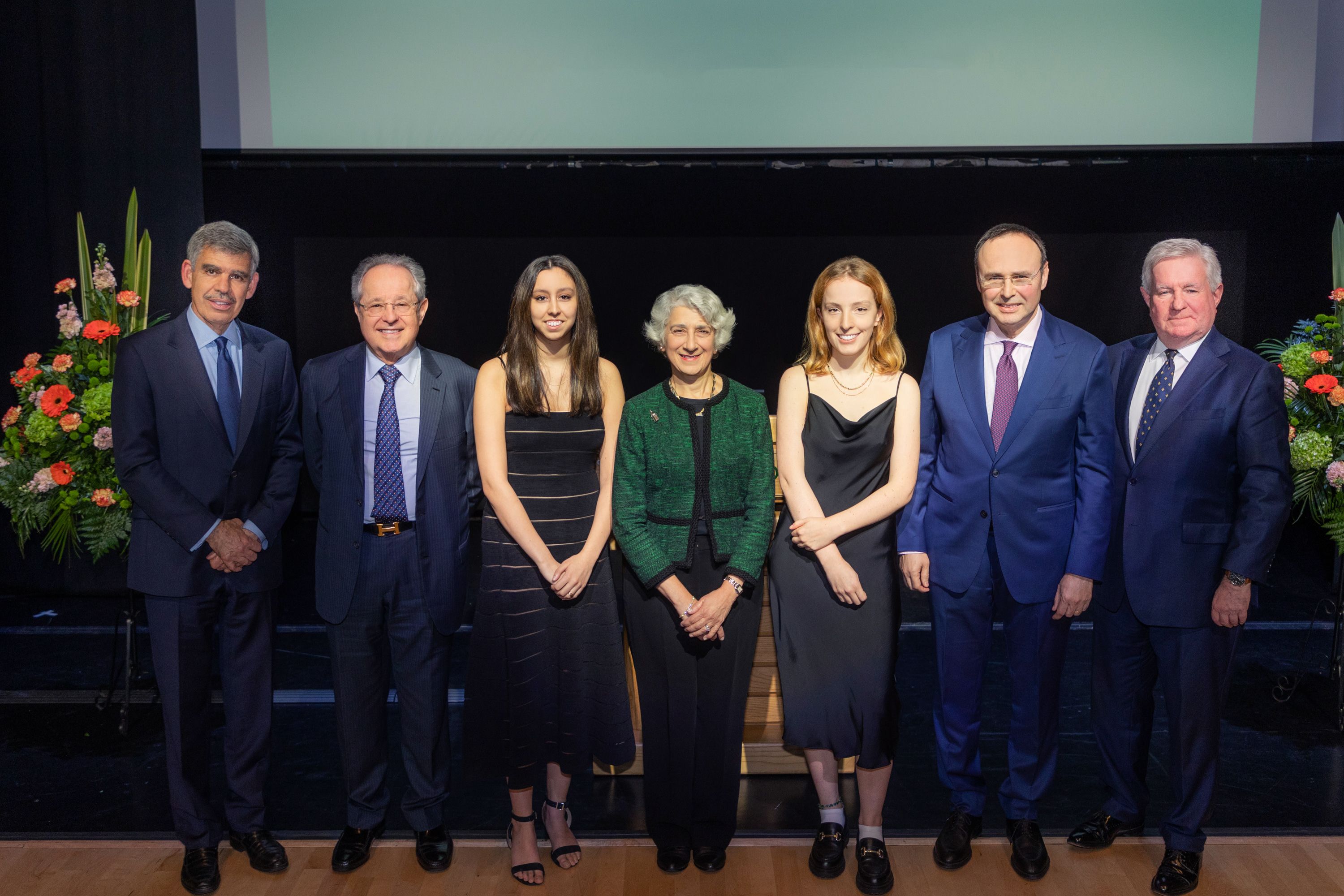 Seven people gathered on stage at the Fitzpatrick Hall following the Distinguished Lecture in Law. These include the President, Lady Rose of Colmworth, Tamara Boston, Priya Jari and Professor Richard Fentiman.