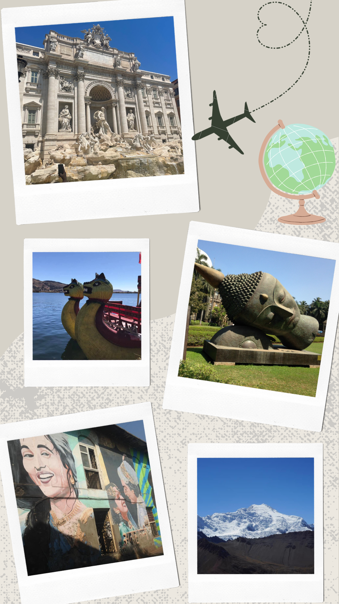 A collection of polaroid's featuring pictures of different places around the world, including the Trevi Fountain, a buddha lying on it's side and a mountain covered in snow
